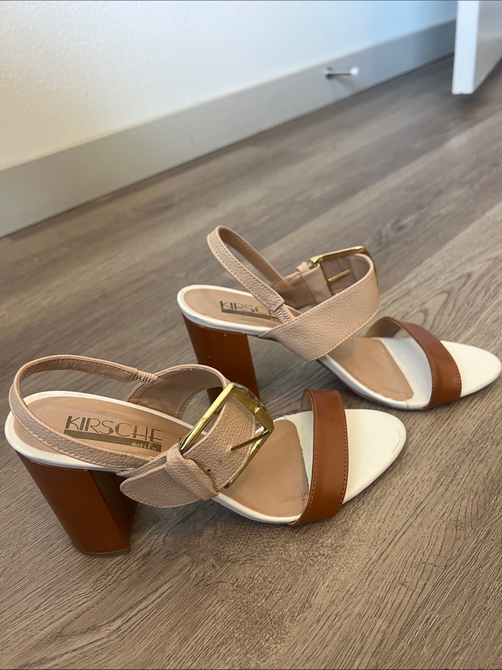 Kische Two-Tone Beige, Brown & White Block Heel Sandals